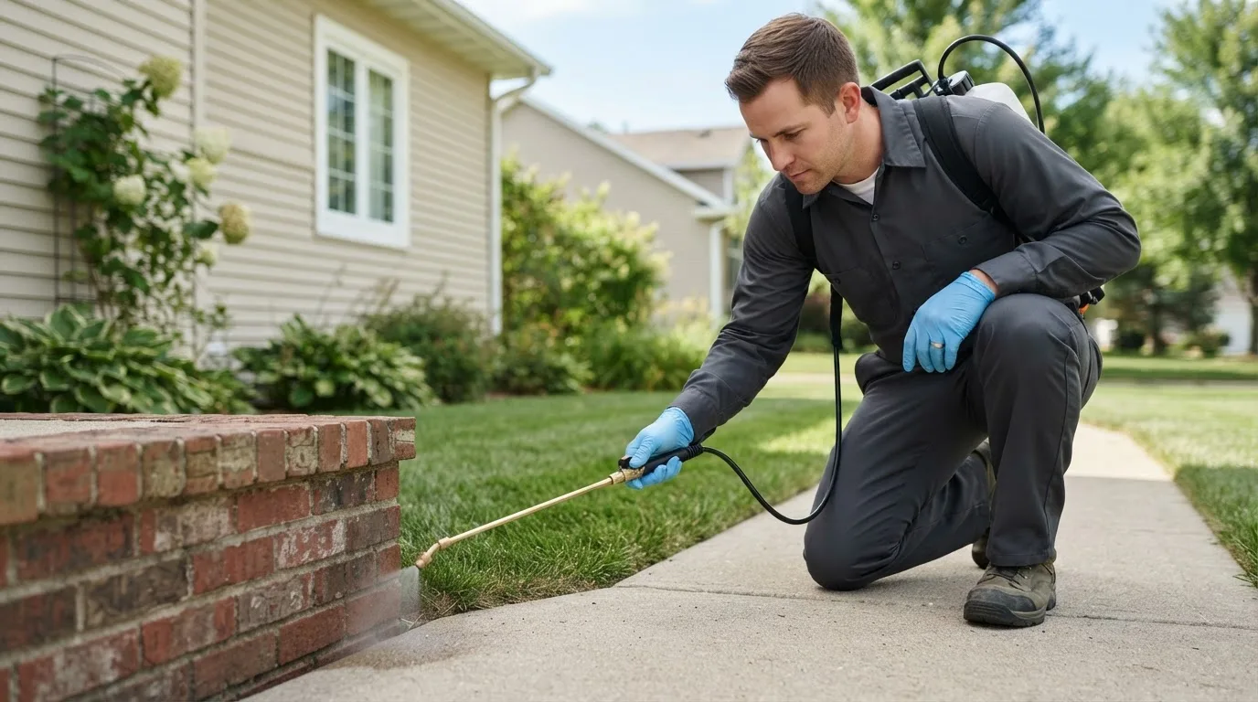 Pest control technician treating a home near Scottsburg, IN