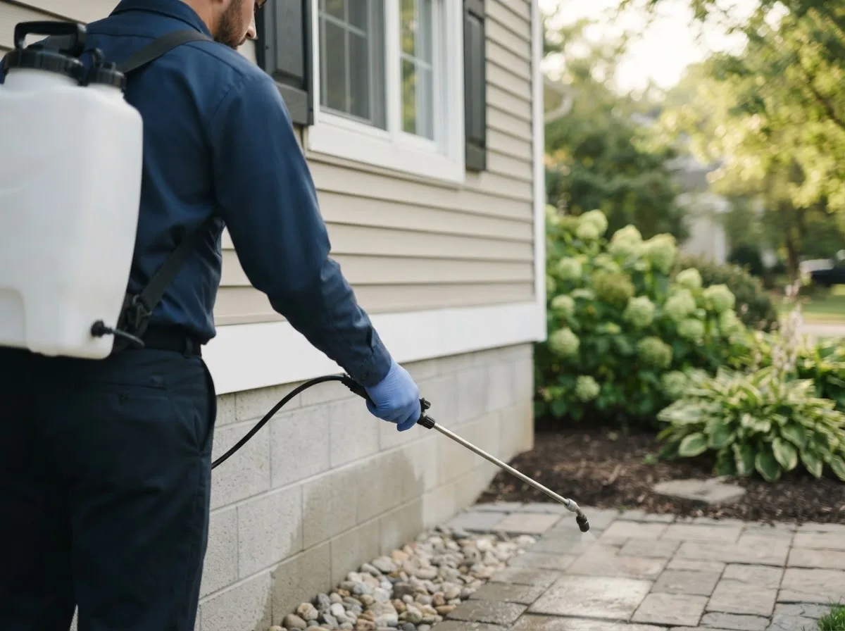 Pest control technician inspecting a home in Scottsburg, IN